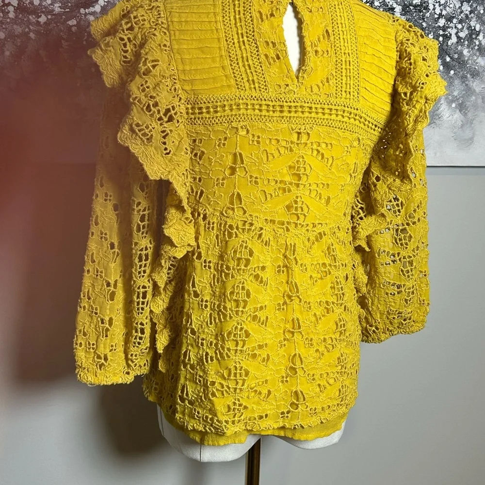 Anthropologie clementine Ruffled eyelet Blouse in vibrant mustard yellow size 4